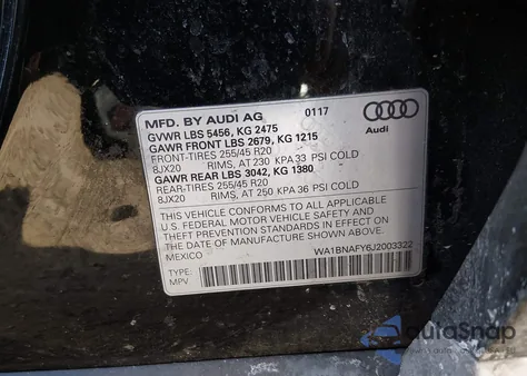 2018 Audi Q5 2.0T Premium/2.0T Tech Premium z USA, uszkodzony, nr VIN WA1BNAFY6J2003322